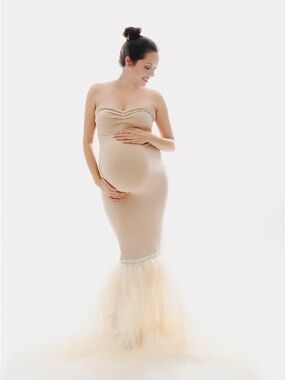 Taopan Strapless Maternity White Tulle Mermaid Gown with Beaded Trim
